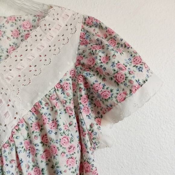 Vintage Prairie Nightie Pink Roses Adult M / L Cottage Core Cotton White Eyelet - Picture 5 of 8